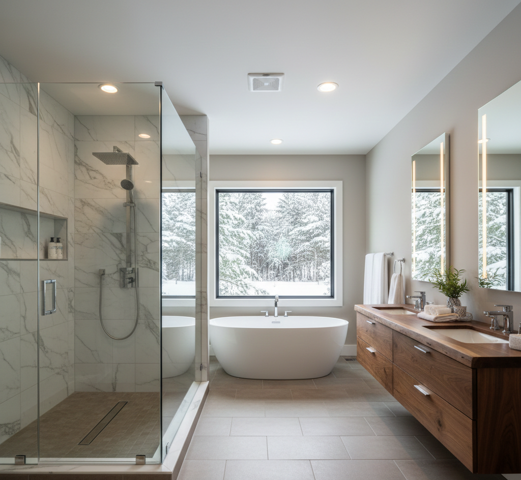 A luxury master bathroom remodel featuring a floating natural wood double vanity, marble-tiled walk-in shower with rainfall head, and a freestanding tub positioned in front of a large window