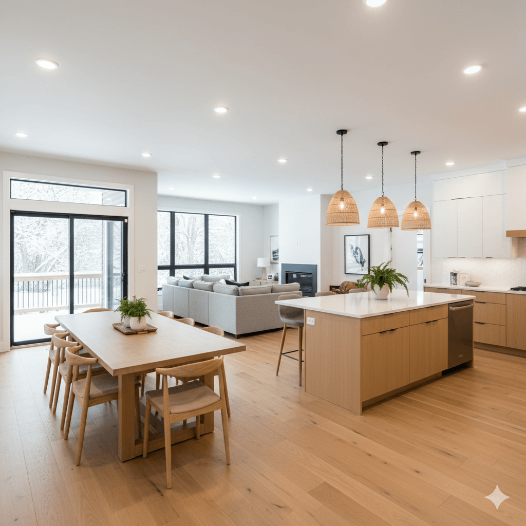 Complete home remodeling project in Genesee County featuring an open-concept main floor with light oak flooring, and a custom kitchen island