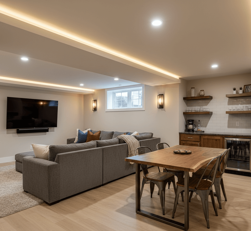 Finished basement living area in Grand Blanc featuring a recessed lighting system, custom home theater seating, and a modern kitchenette for entertaining