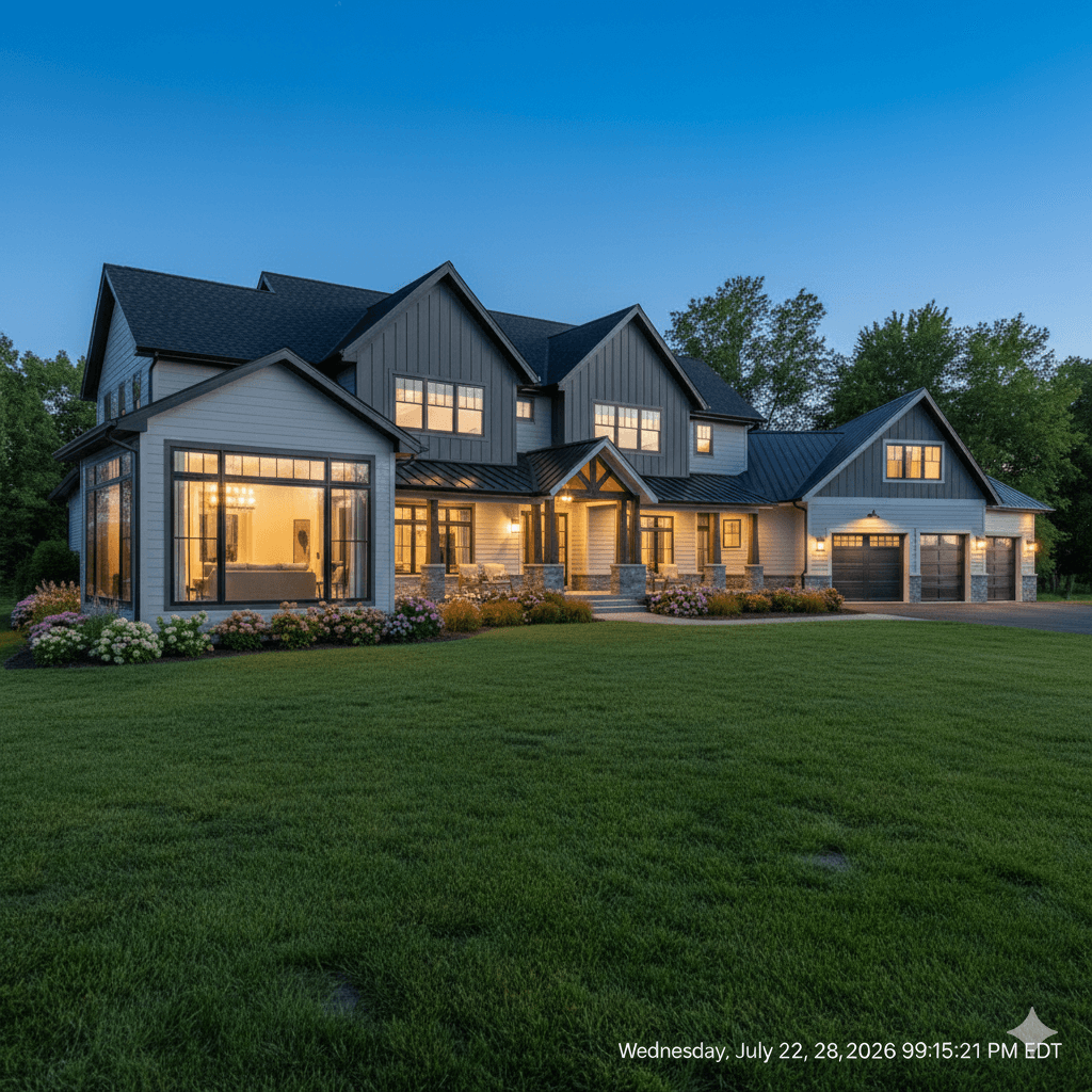 Large-scale home addition project in Genesee County featuring a modern farmhouse aesthetic with charcoal board-and-batten siding, a new three-car garage, and an expansive sunroom wing with manicured summer landscaping.