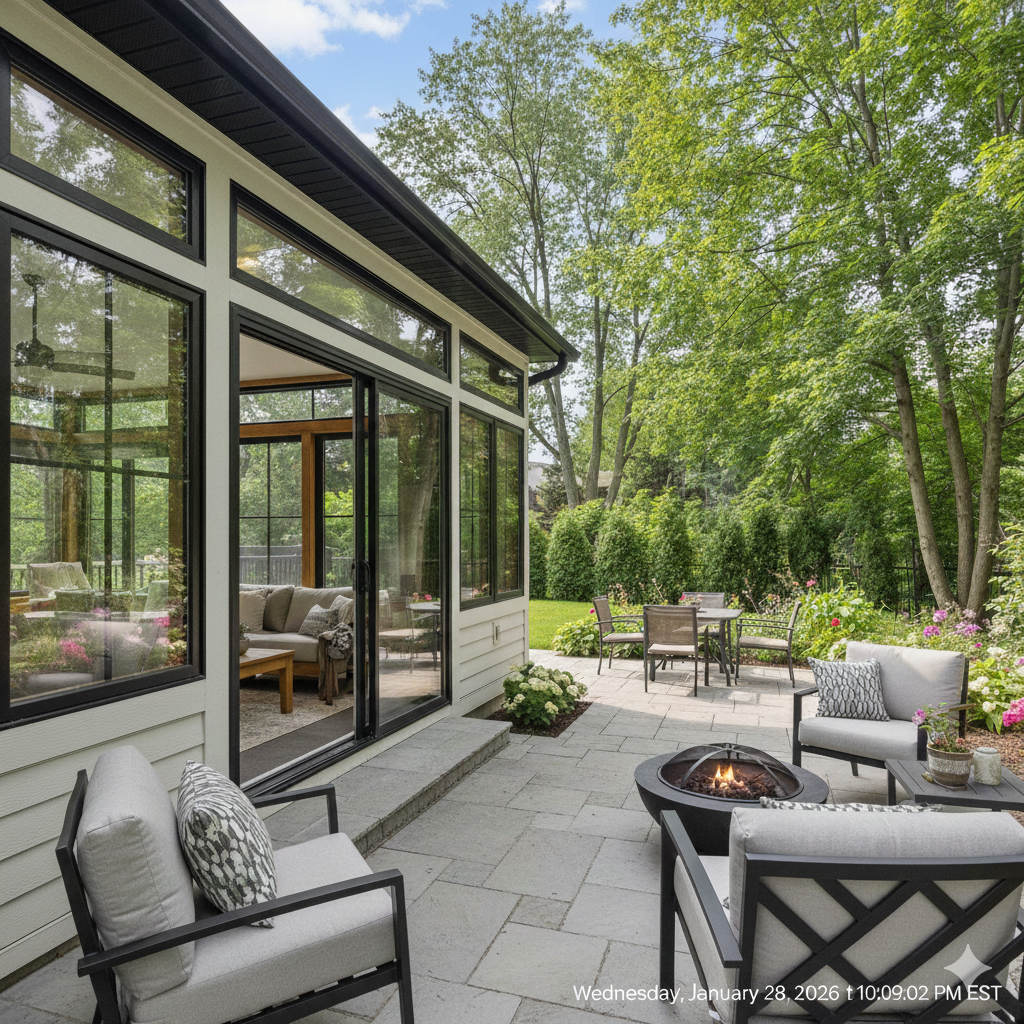 Luxury four-season sunroom addition in Genesee County featuring large black-framed windows, integrated patio with stone pavers, and a modern outdoor fire pit area.