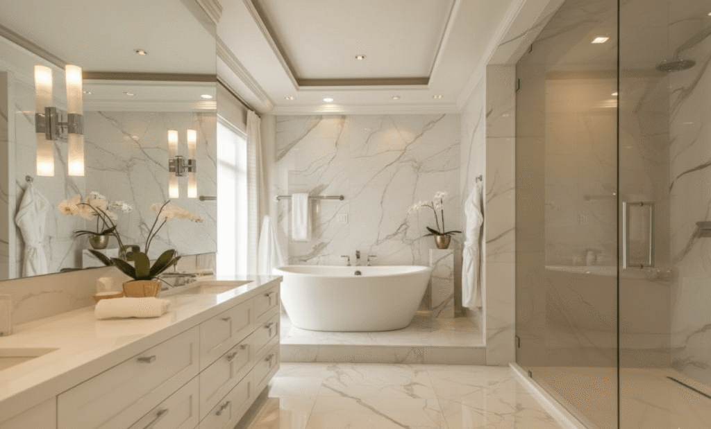 Luxury master bathroom remodel featuring white marble walls and flooring, a white shaker-style double vanity, a large glass-enclosed walk-in shower, and a freestanding soaking tub