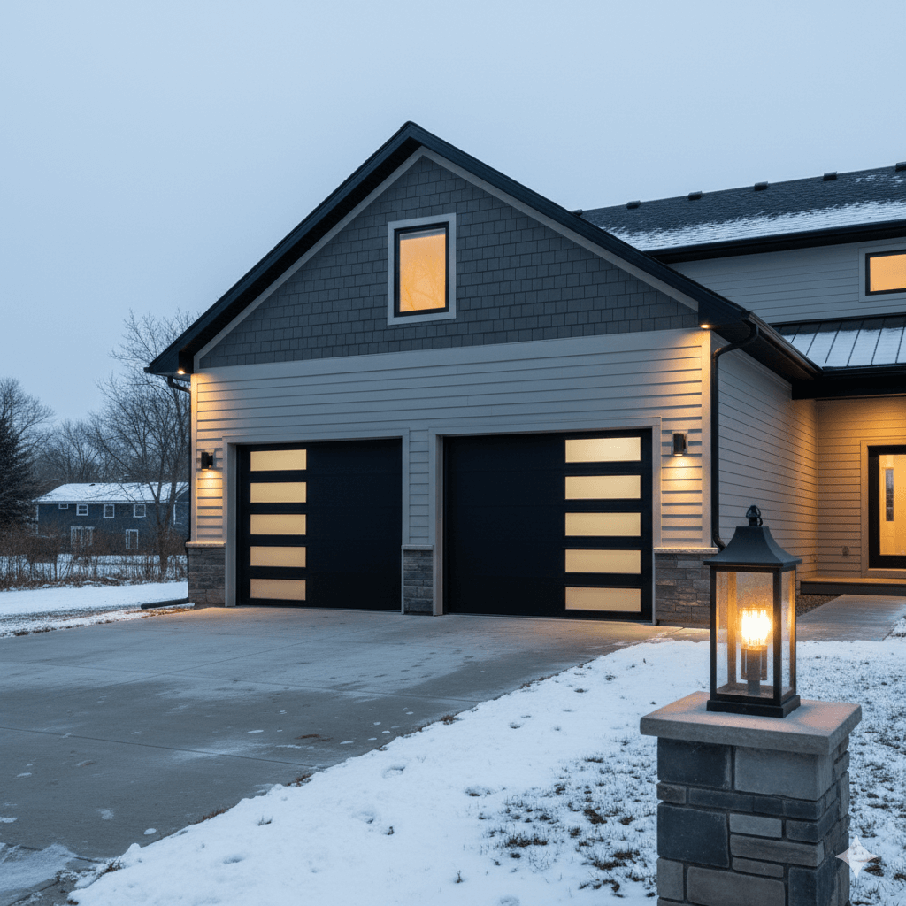 Modern garage addition in Genesee County featuring a two-car attached design with sleek black glass-paneled doors, stone accents, and integrated exterior lighting.
