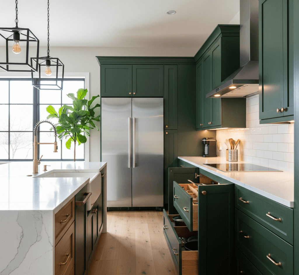 Modern kitchen remodel featuring custom deep-green cabinetry with open drawers showing smart storage solutions, a white quartz waterfall island, and built-in stainless steel appliances