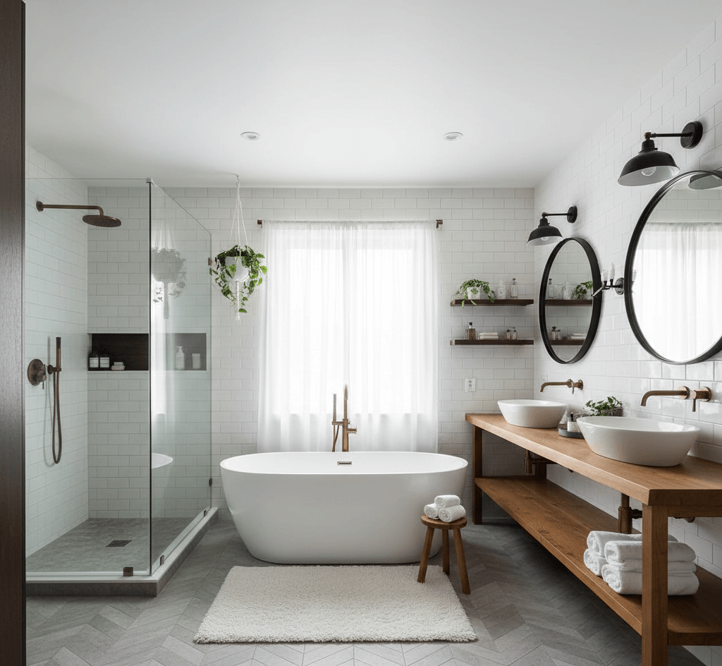Modern luxury bathroom remodel in Genesee County featuring a freestanding soaking tub, walk-in glass shower, and double vanity with natural wood accents