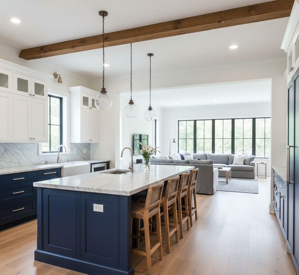 Modern open concept kitchen featuring navy blue cabinetry, marble countertops, and a prominent structural wood beam showcasing an interior wall removal project