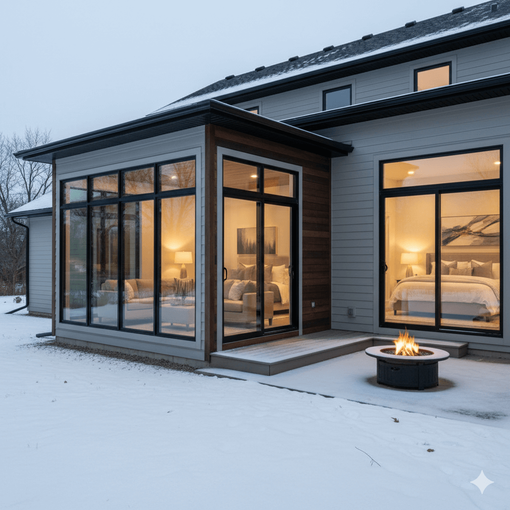 Modern room addition in Genesee County featuring large floor-to-ceiling windows, a new master suite extension, and integrated outdoor living space with a fire pit.