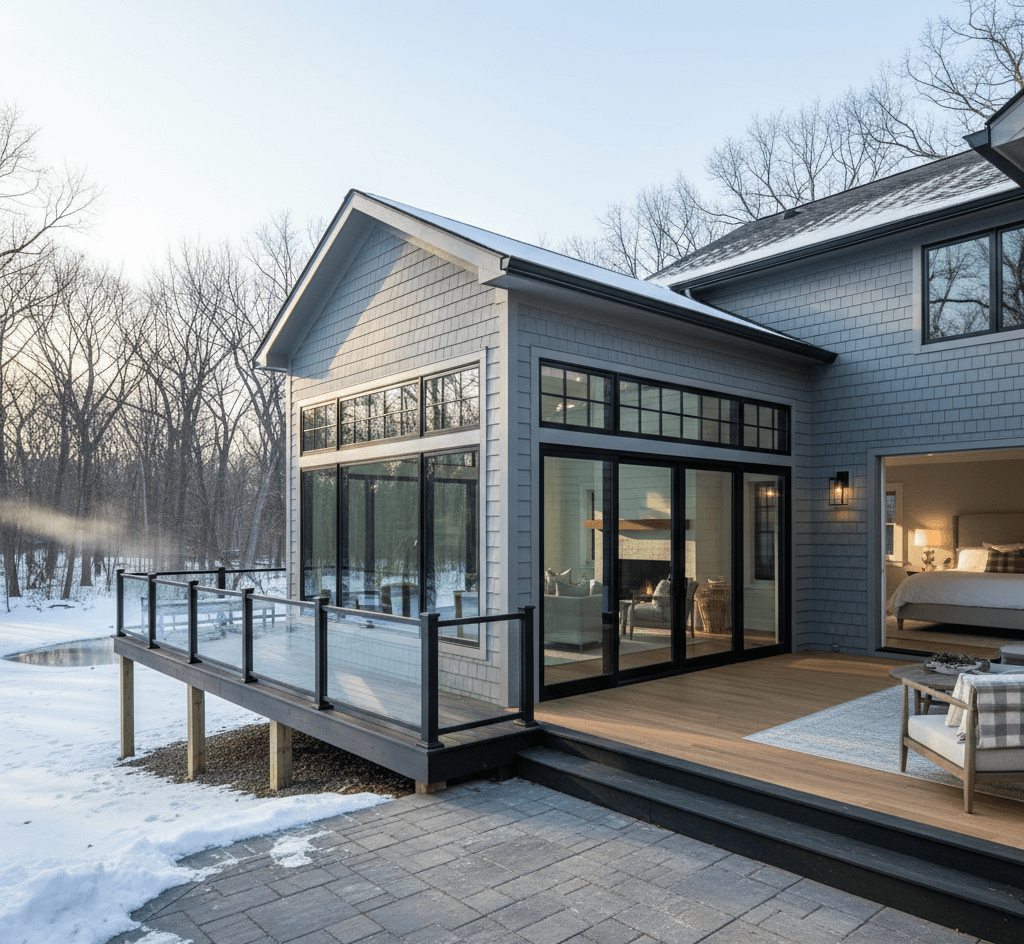 Modern sunroom home addition with floor-to-ceiling windows and an integrated deck, designed to match the existing exterior of a Michigan residence