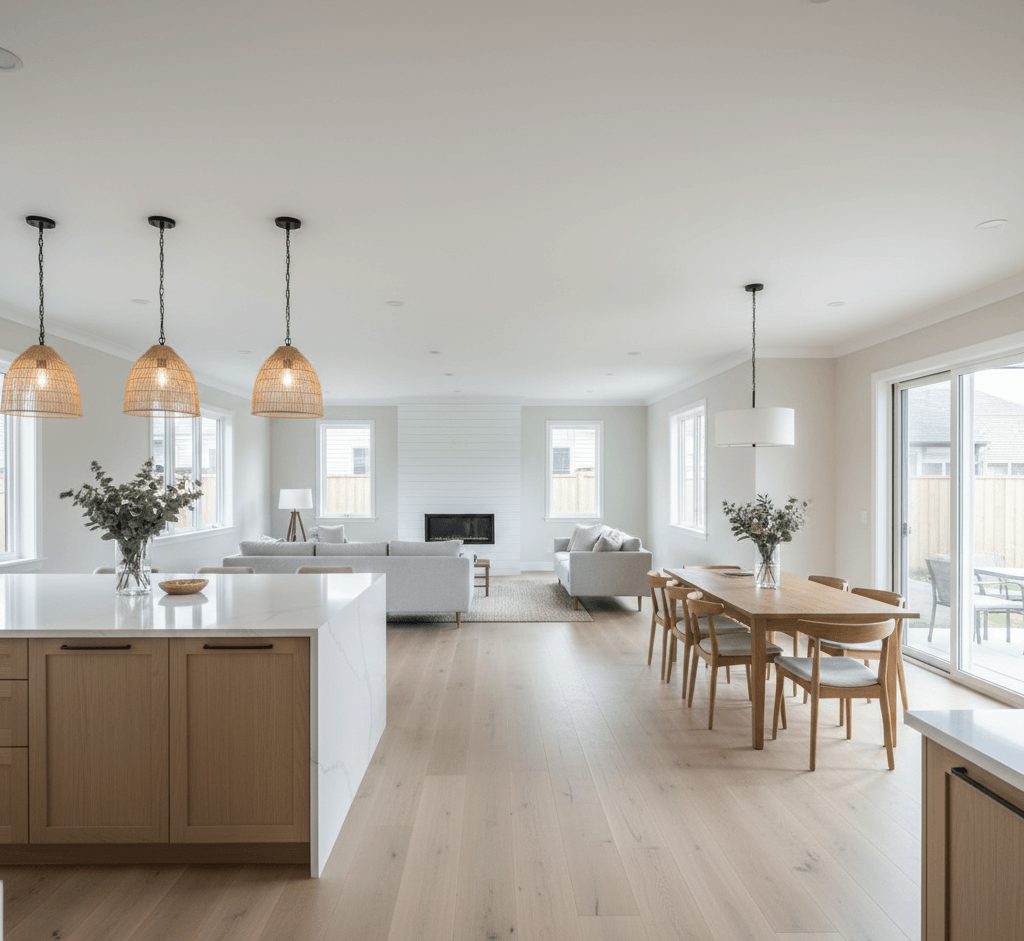 Open floor plan remodeling in Genesee County showcasing the removal of load-bearing walls to create a seamless flow between a modern kitchen, dining area, and living room.