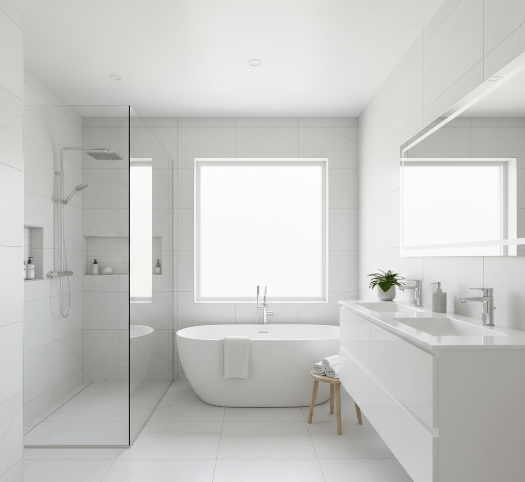 Professional bathroom remodeling in Genesee County featuring a clean, all-white modern design with a freestanding tub, glass walk-in shower, and floating double vanity