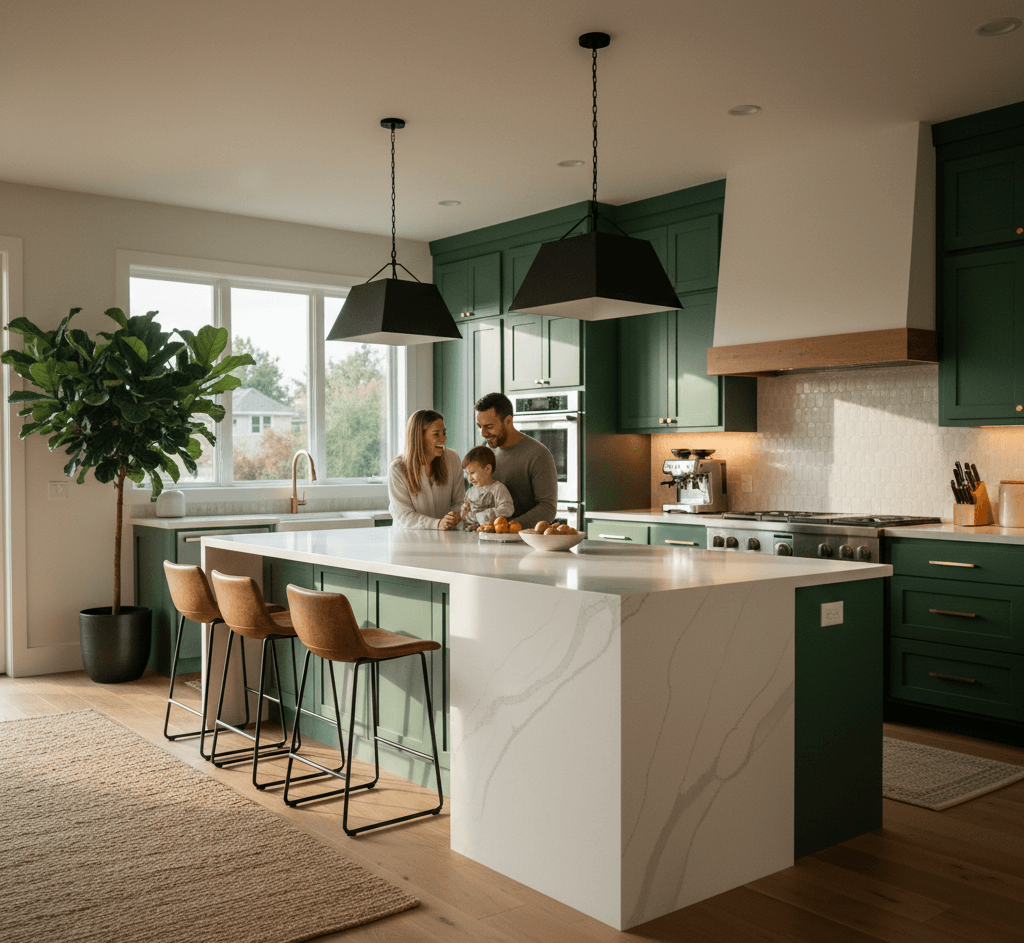 Professional kitchen remodeling featuring modern green custom cabinetry, a large white quartz waterfall island with seating, and contemporary pendant lighting in a bright, open-concept home (1)