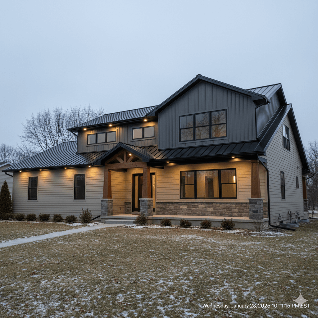 Professional second-story home addition in Genesee County showing a modern vertical expansion with matching charcoal siding, metal roofing, and integrated timber-frame porch.