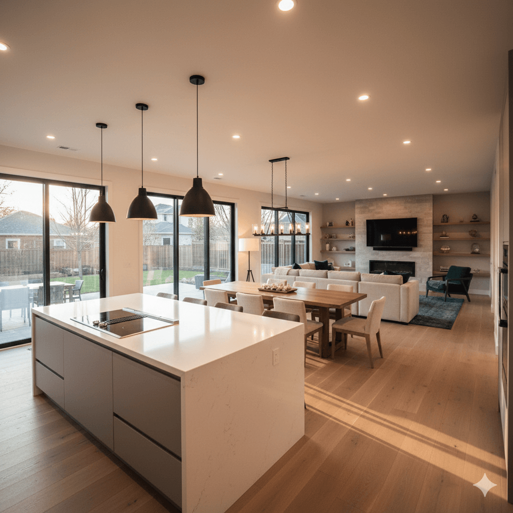 Professional whole-home remodel in Genesee County featuring a modern open-concept main floor with white quartz kitchen island, light oak hardwood flooring, and a seamless transition into the dining and living room areas.