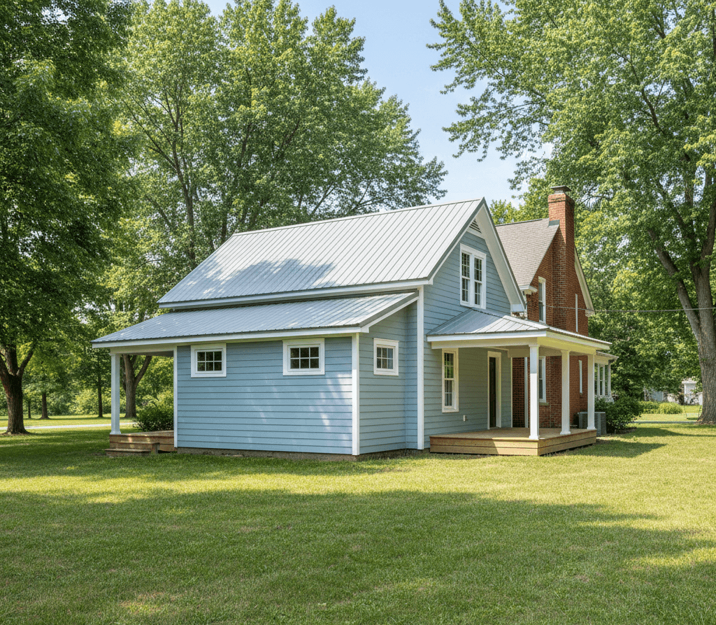 A beautiful home addition featuring a primary master suite retreat with light blue horizontal siding, a silver metal roof, and a private wraparound wood porch