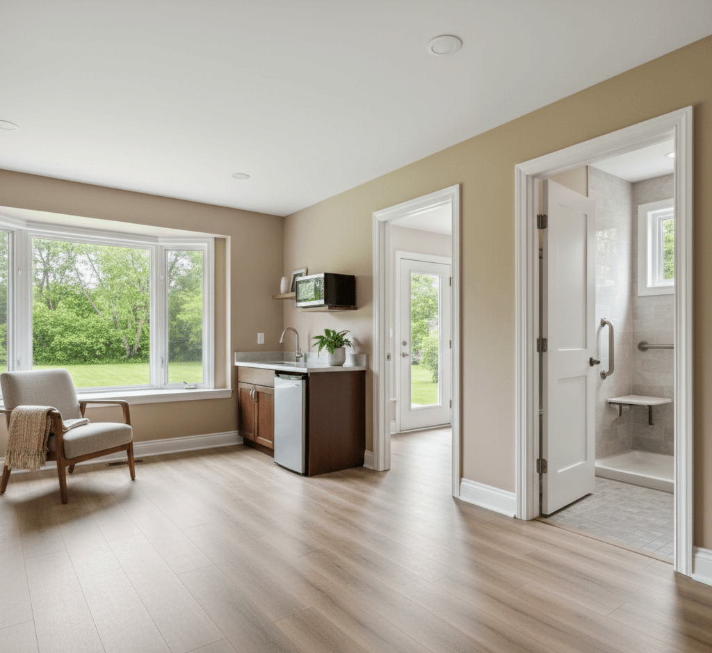 A bright and accessible in-law suite addition featuring a kitchenette with a fridge, a large window overlooking a Michigan backyard