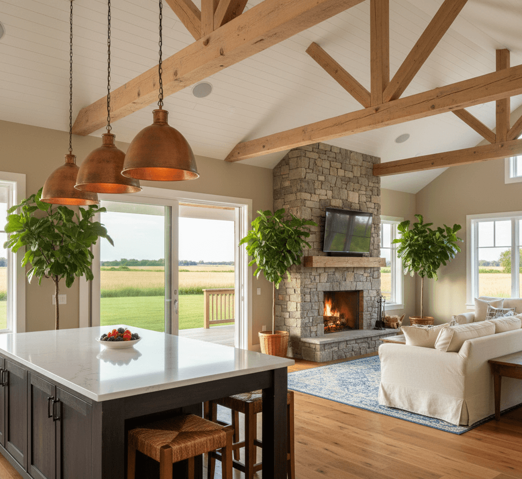A bright, sunlit open-concept living area and kitchen during summer, featuring high vaulted ceilings with exposed wood trusses and copper pendant lights