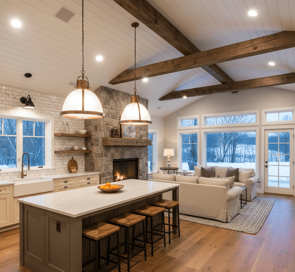 A cozy, open-concept farmhouse kitchen and living area featuring a vaulted ceiling with exposed wood beams, a stone fireplace, and a large olive-green island