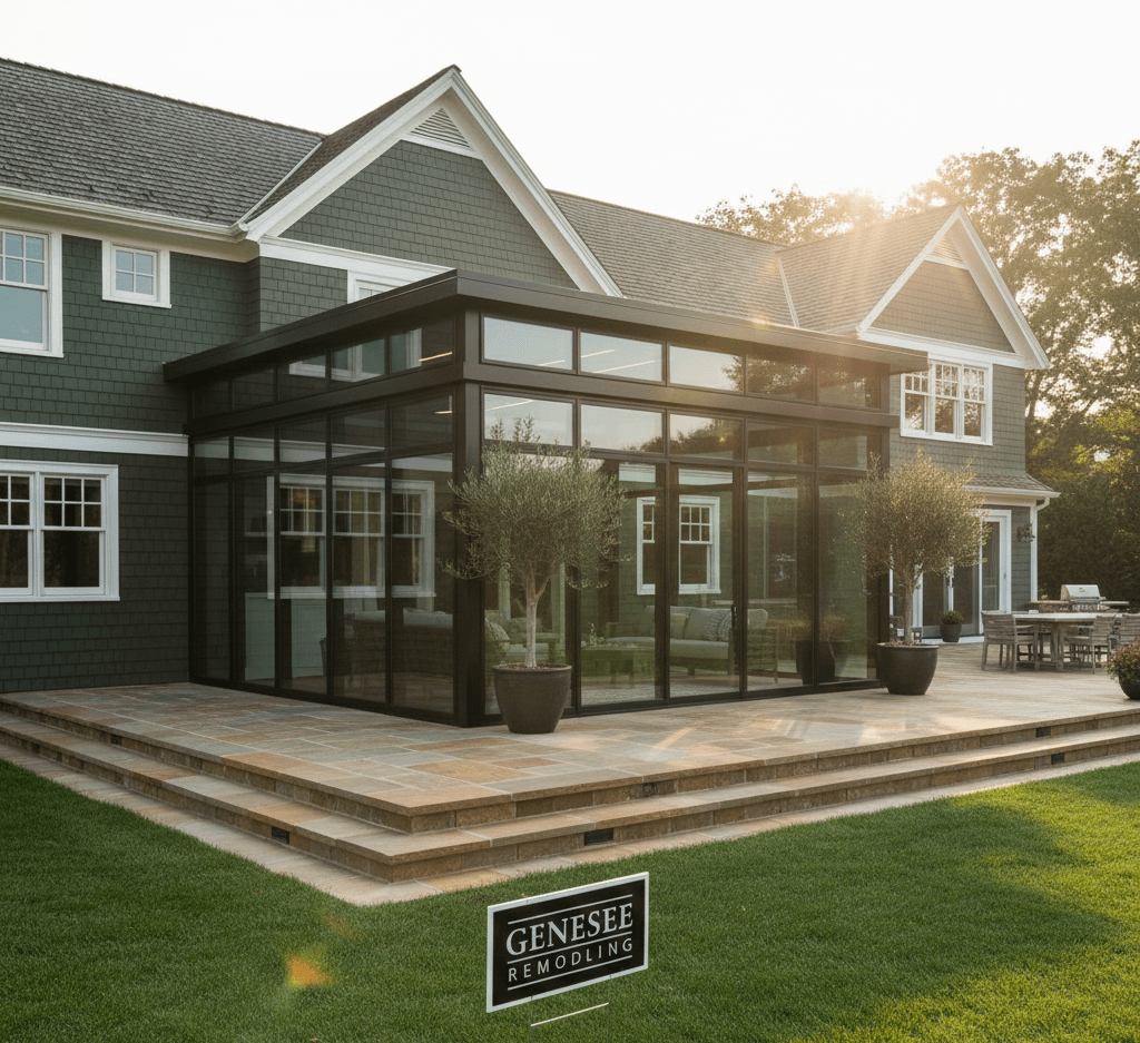 A modern conservatory-style sunroom addition by Genesee Remodeling, featuring a sleek flat-roof design and expansive black-framed four glass walls