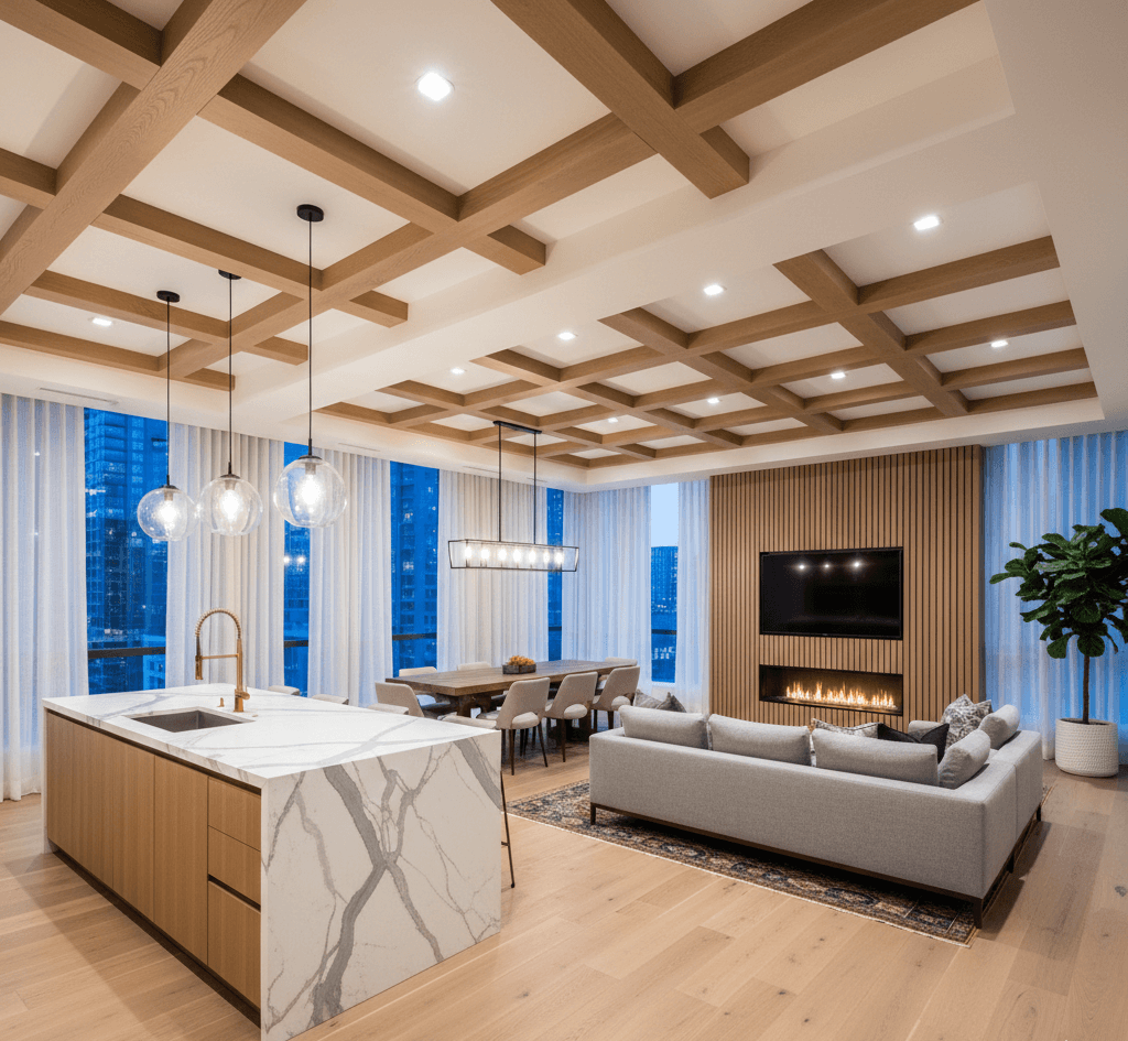 A modern open-concept home interior featuring a large marble waterfall kitchen island, a light wood coffered ceiling, and a cozy living area with a grey sectional sofa