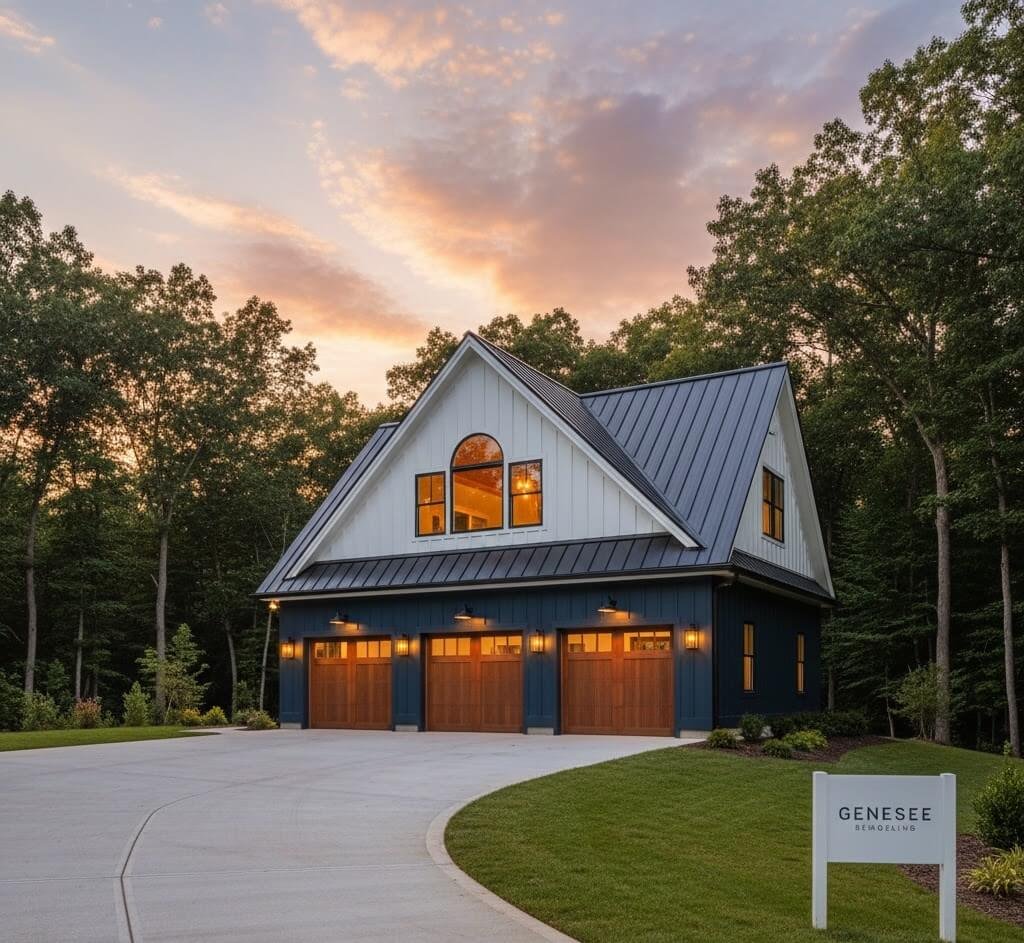 A premium, custom three-car garage addition by Genesee Remodeling featuring a modern farmhouse aesthetic