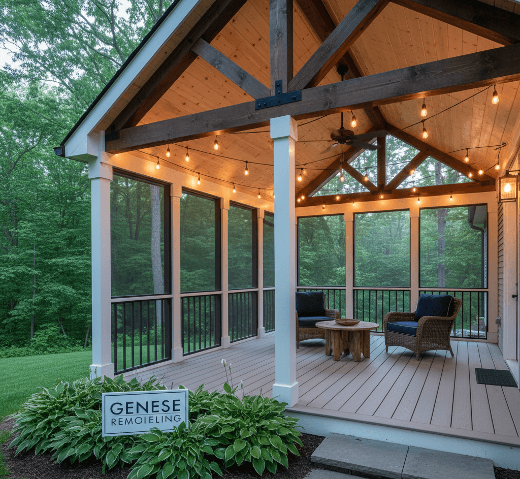 A rustic-inspired screened-in porch addition by Genesee Remodeling, showcasing an open-beam cathedral ceiling with dark wood trusses and warm string lighting