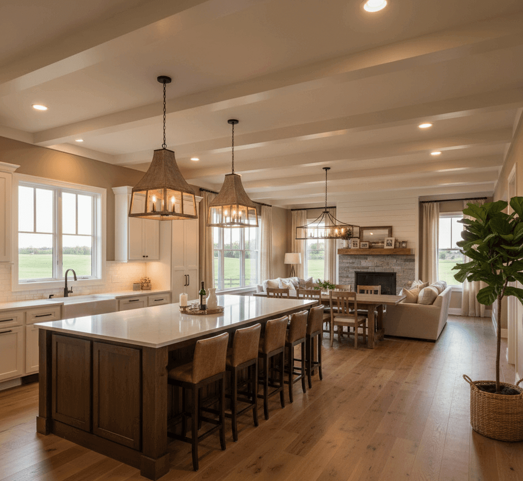 A rustic-modern open concept home remodel in a rural setting, featuring a dark wood kitchen island with leather barstools, farmhouse-style pendant lights, and a stone fireplace