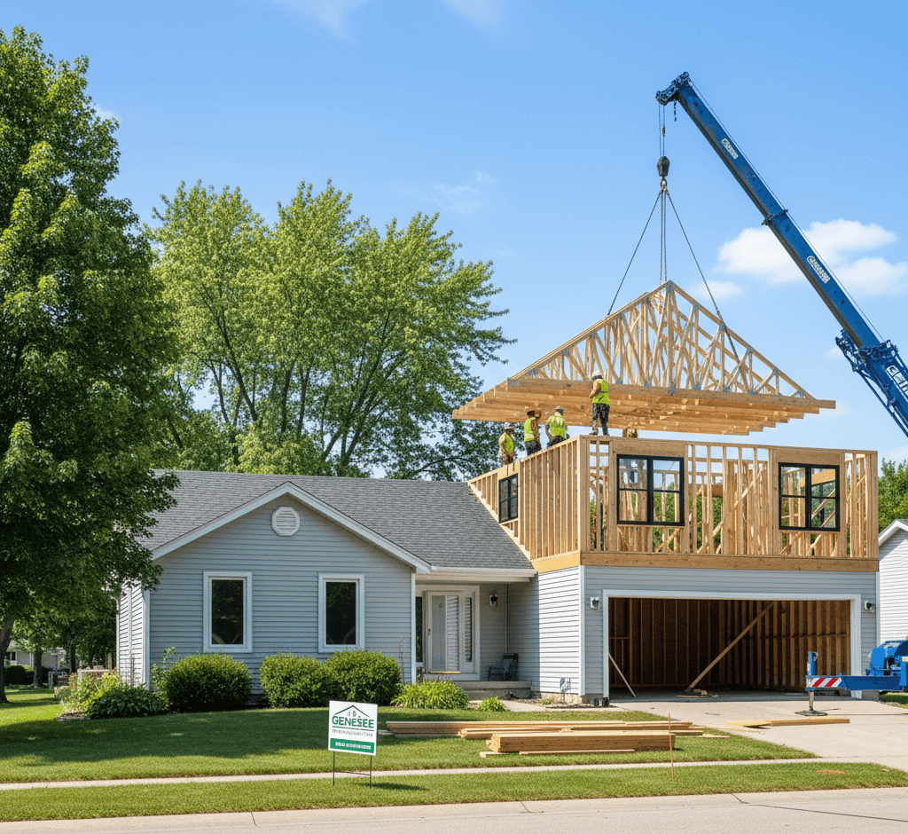 A second-story home addition in progress, featuring a blue crane carefully lowering a pre-built roof truss onto a newly framed upper level