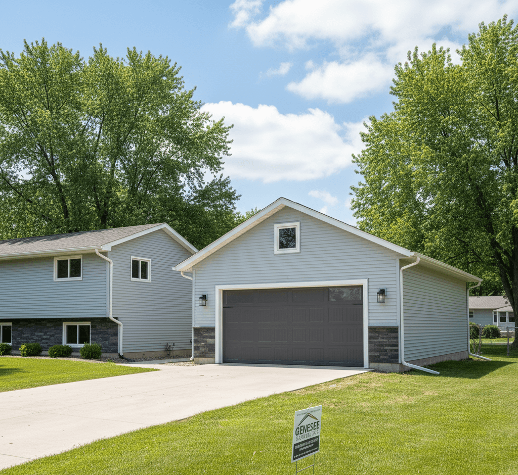 Completed one-story detached garage addition built by Genesee Remodeling in a suburban Michigan neighborhood