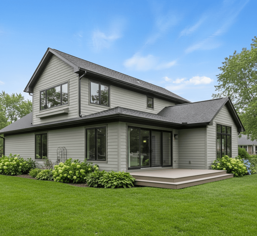 Exterior of a modern gray two-story home addition in Michigan, featuring seamless siding integration, black-frame windows, a private second-floor expansion, and a ground-level walk-out deck