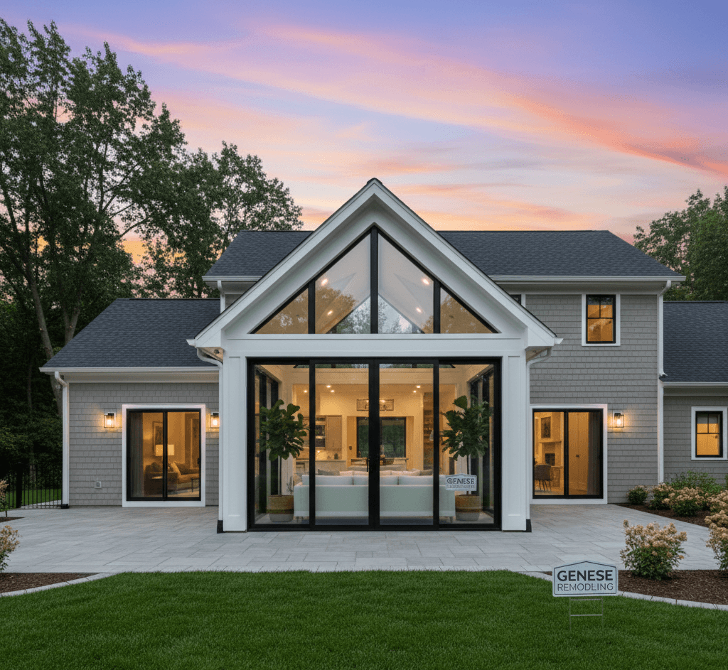 Exterior view of a stunning four-season sunroom addition by Genesee Remodeling at dusk. The addition features a gable roof with a high-vaulted glass peak and black-framed sliding glass doors