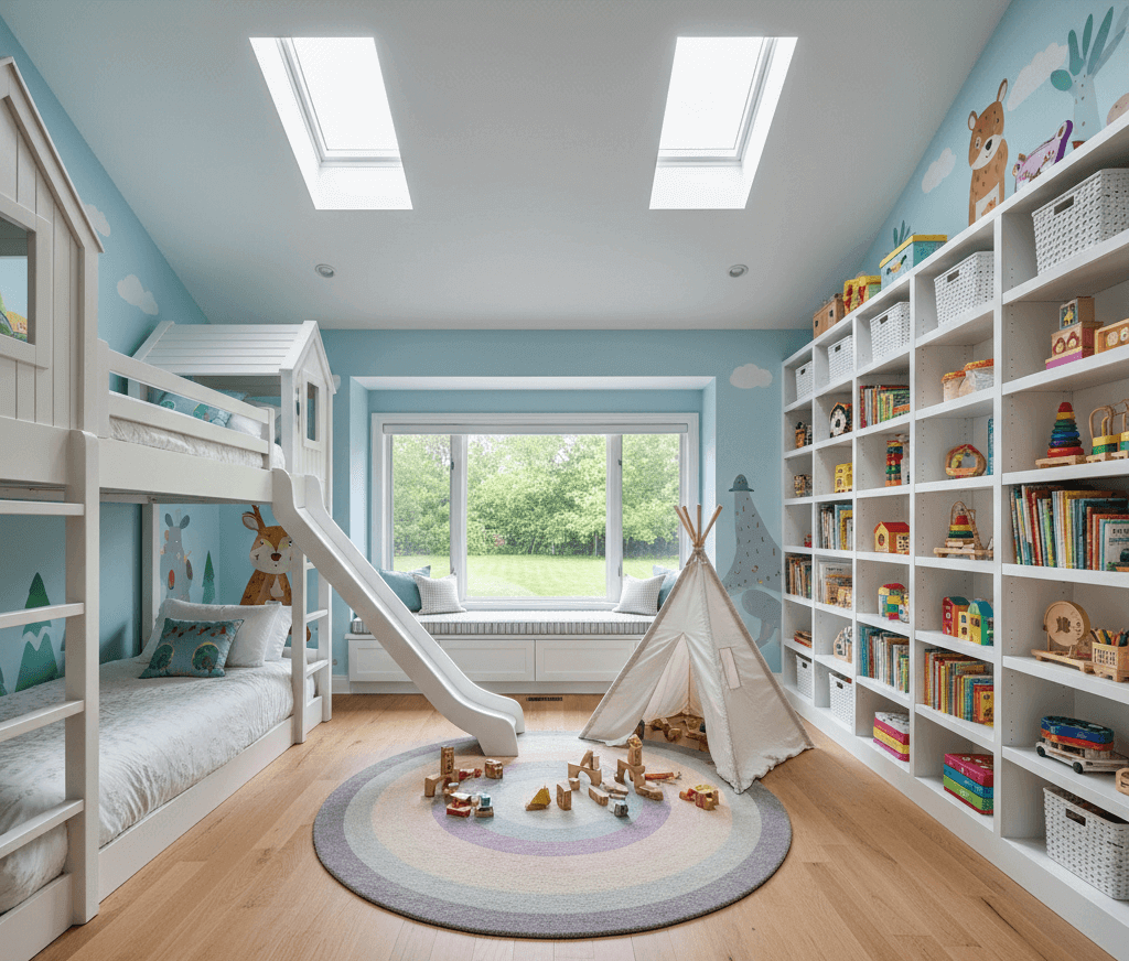 Interior of a custom kids' bedroom and playroom addition with a vaulted ceilings, and light hardwood flooring in a Michigan