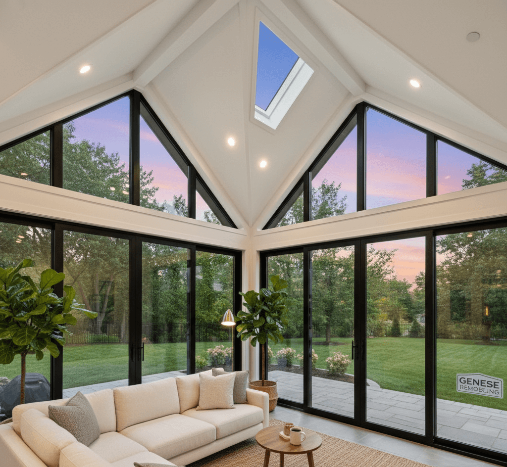 Interior view of a high-end, four-season sunroom addition by Genesee Remodeling. The sunroom features a dramatic vaulted cathedral ceiling with white beams