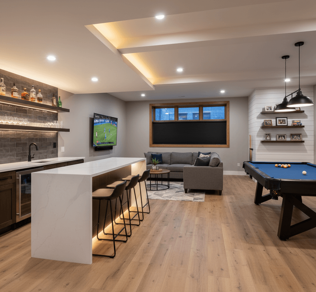 Luxurious finished basement remodel featuring a modern wet bar with waterfall quartz countertops, a spacious lounge area with a wall-mounted TV, and a professional pool table