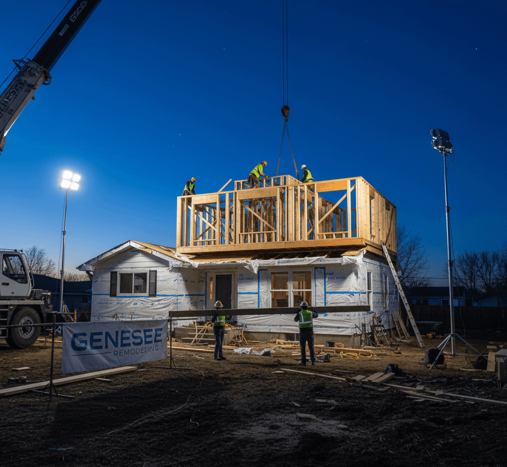 Major second-story home addition in progress by Genesee Remodeling, featuring a crane assisted framing of a new upper level on a ranch style house in Michigan