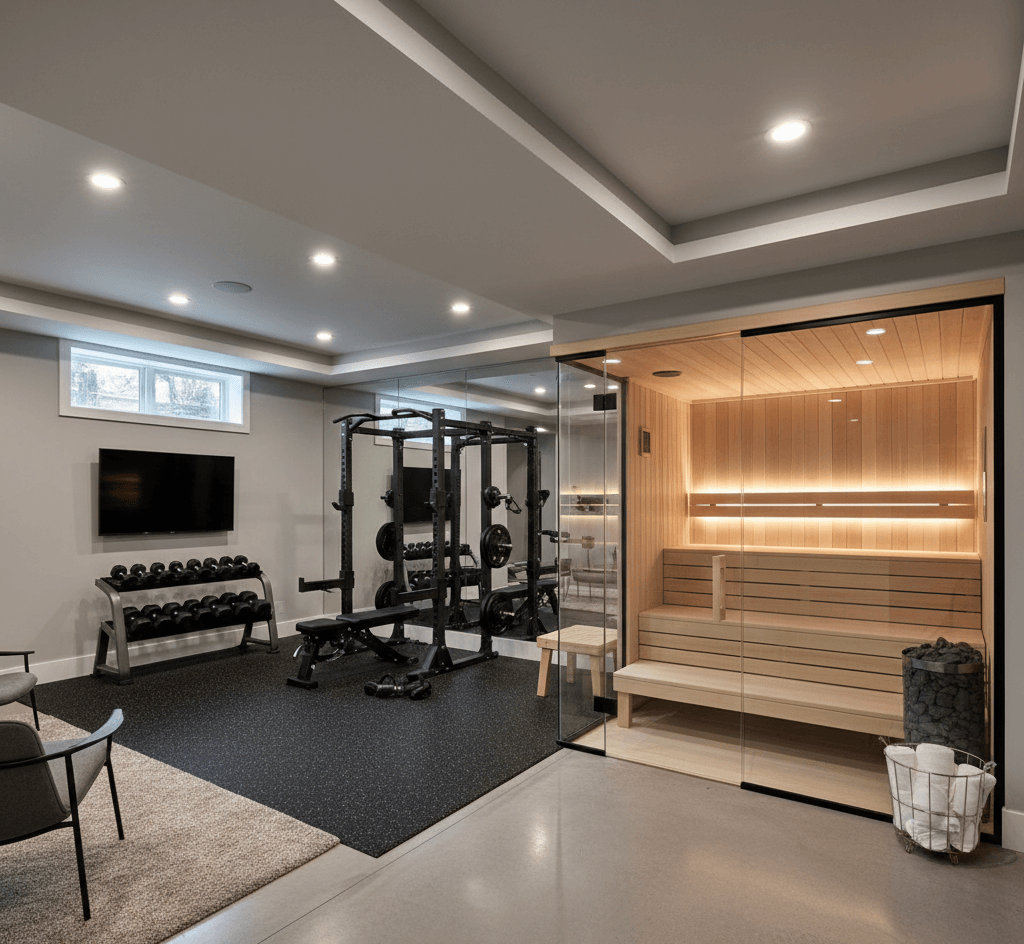Modern basement home gym featuring professional rubber impact flooring, a full weight rack with mirrored walls, and a custom glass-walled cedar sauna