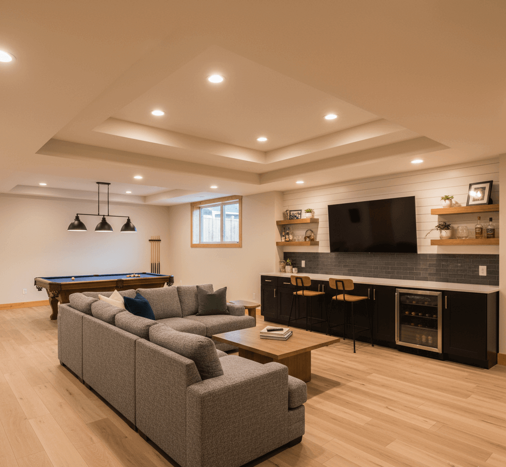 Modern finished basement featuring a luxury entertainment hub with a built in black bar, quartz countertops, a stone tile backsplash, and shiplap accents