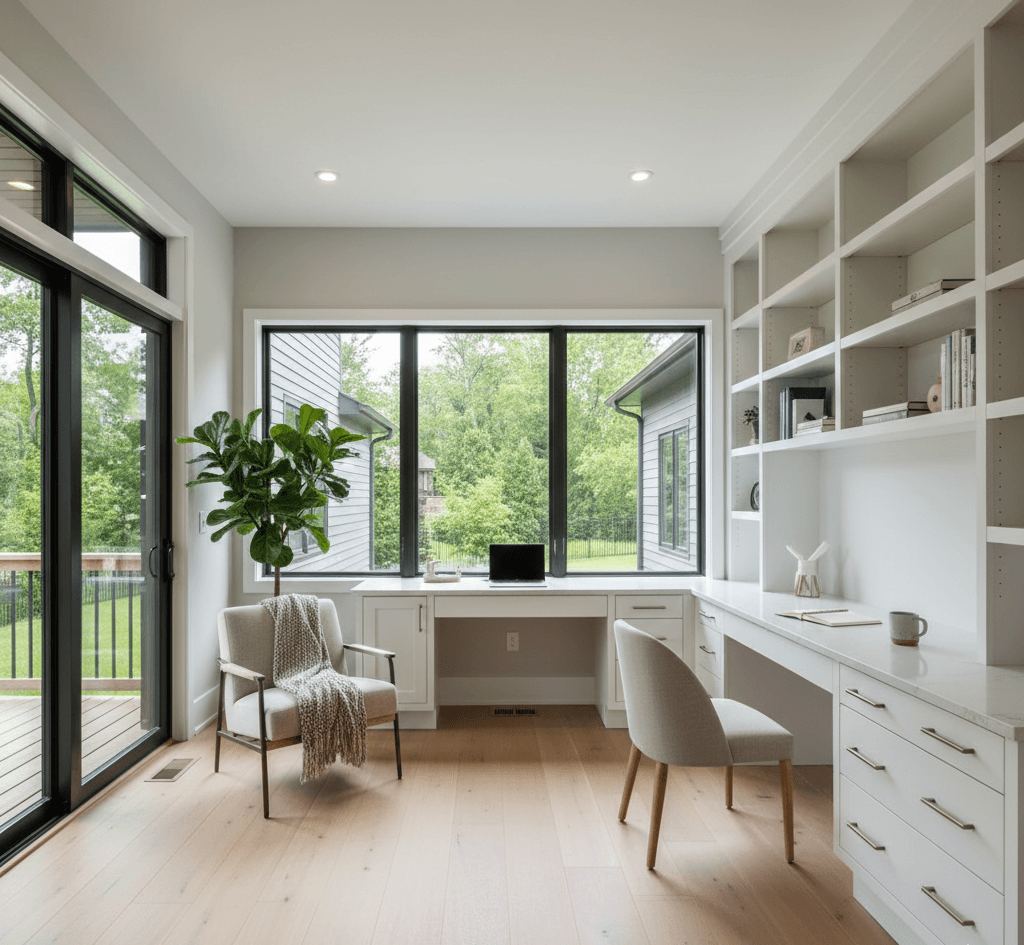 Modern home office addition featuring floor-to-ceiling custom white shelving, and large black-frame windows offering a view of a lush Michigan backyard