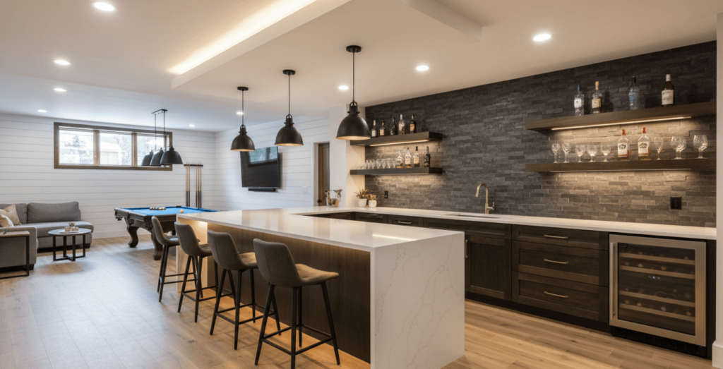 Modern open concept basement remodel featuring a large U-shaped wet bar with waterfall quartz countertops, dark wood cabinetry, and stone accent wall with floating shelves