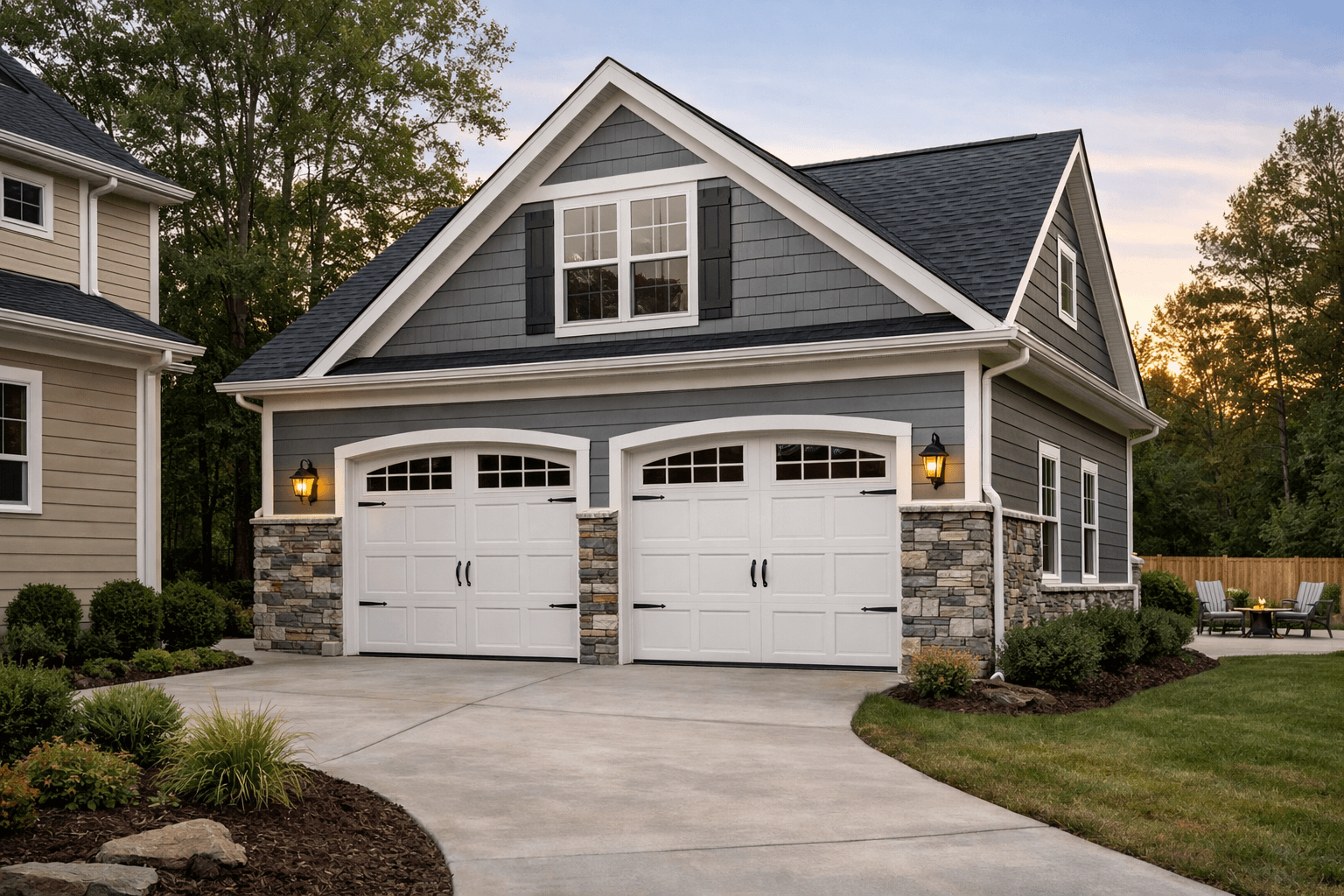 Newly constructed two-car garage addition with gray siding, stone veneer accents, and white carriage-style garage doors at a suburban home during sunset