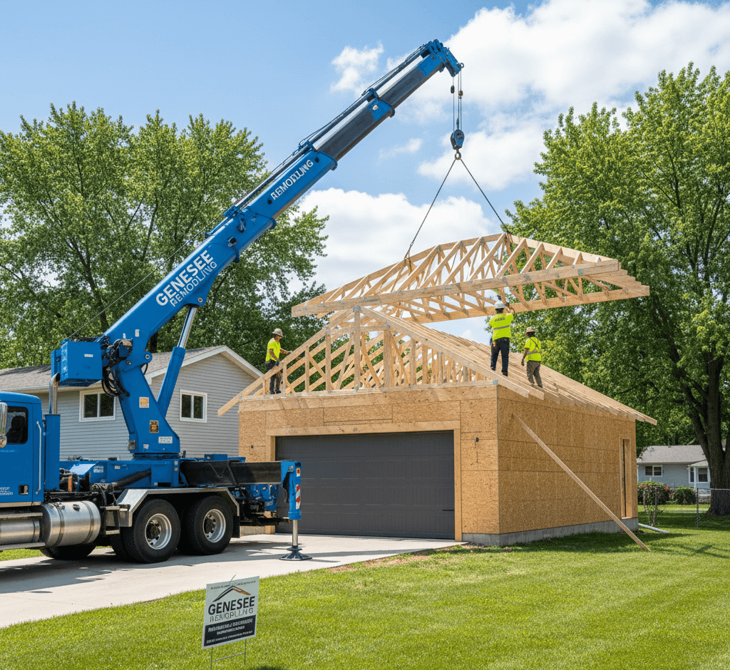 One-story garage addition under construction in a Michigan residential neighborhood