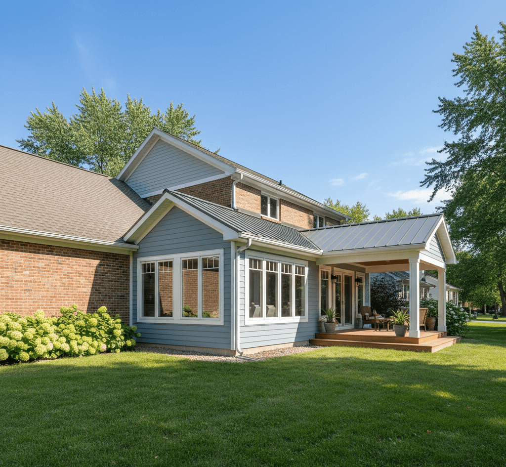 The addition includes an attached covered porch with a wood deck, set against a backdrop of lush green grass and mature summer trees